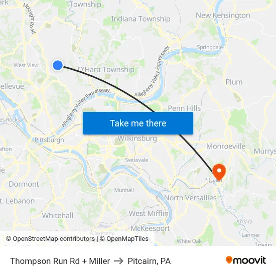 Thompson Run Rd + Miller to Pitcairn, PA map