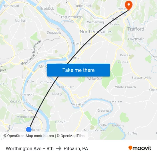 Worthington Ave + 8th to Pitcairn, PA map