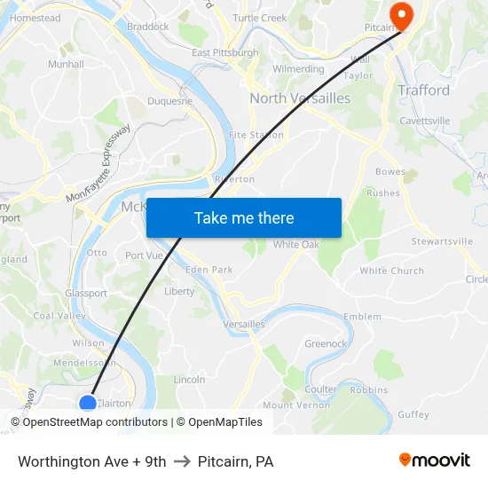 Worthington Ave + 9th to Pitcairn, PA map