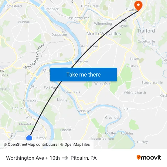 Worthington Ave + 10th to Pitcairn, PA map