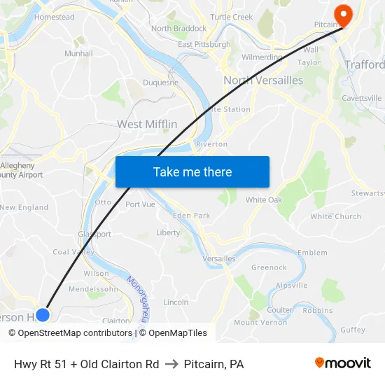 Hwy Rt 51 + Old Clairton Rd to Pitcairn, PA map