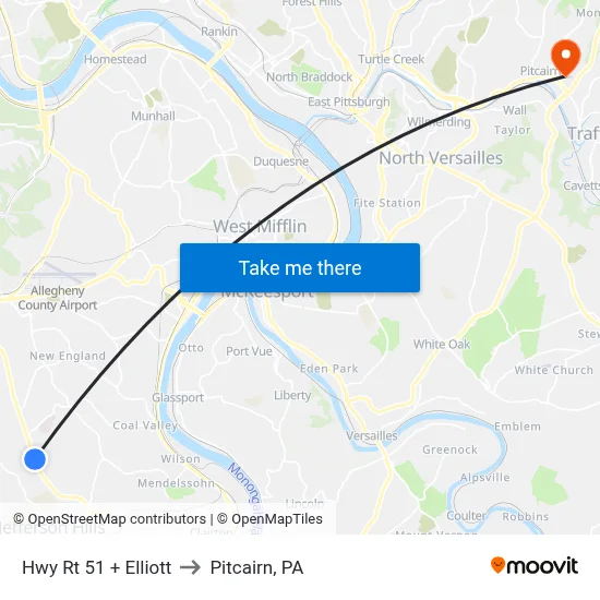 Hwy Rt 51 + Elliott to Pitcairn, PA map