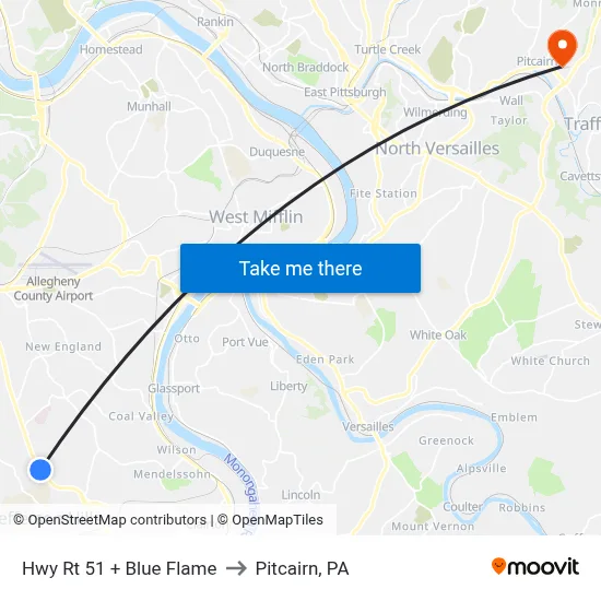 Hwy Rt 51 + Blue Flame to Pitcairn, PA map