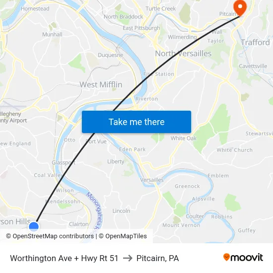 Worthington Ave + Hwy Rt 51 to Pitcairn, PA map