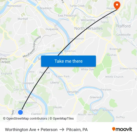 Worthington Ave + Peterson to Pitcairn, PA map