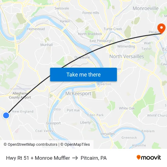 Hwy Rt 51 + Monroe Muffler to Pitcairn, PA map