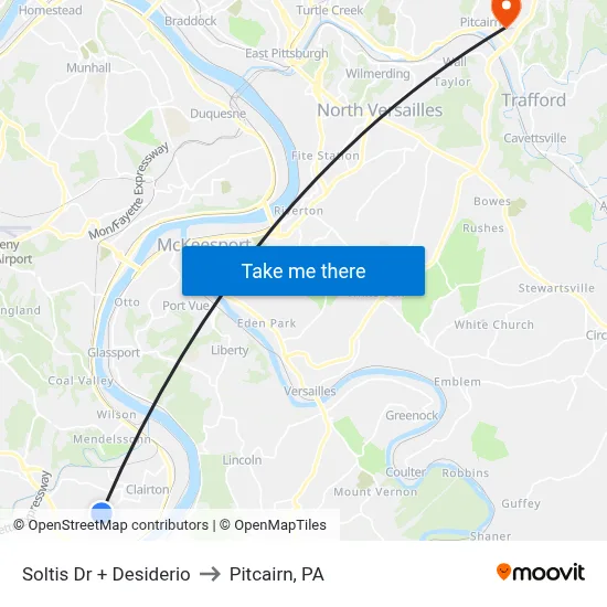 Soltis Dr + Desiderio to Pitcairn, PA map