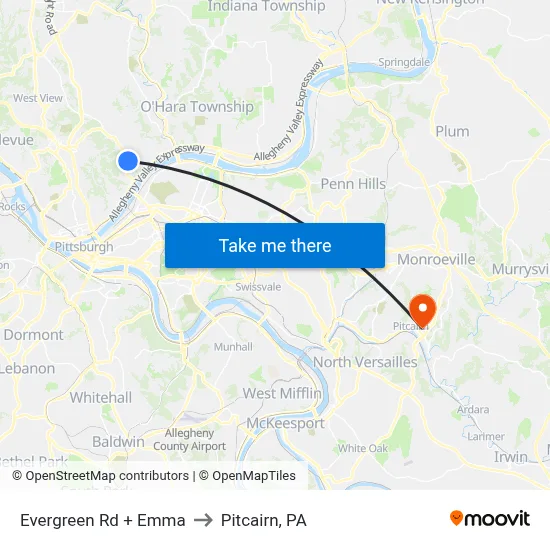 Evergreen Rd + Emma to Pitcairn, PA map