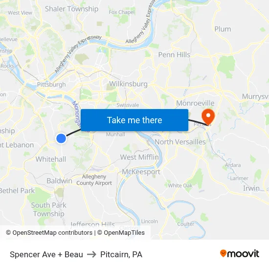 Spencer Ave + Beau to Pitcairn, PA map