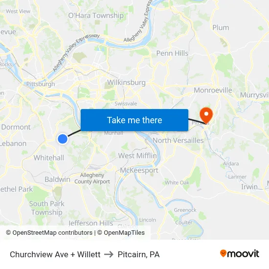 Churchview Ave + Willett to Pitcairn, PA map