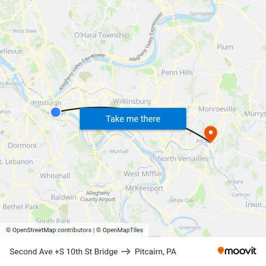 Second Ave +S 10th St Bridge to Pitcairn, PA map