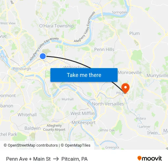 Penn Ave + Main St to Pitcairn, PA map