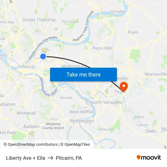 Liberty Ave + Ella to Pitcairn, PA map