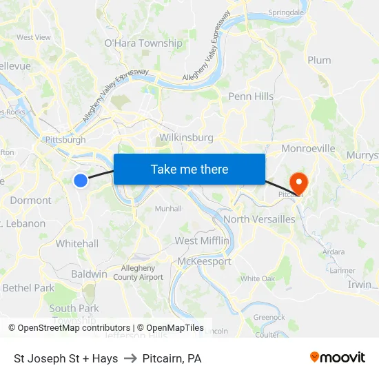 St Joseph St + Hays to Pitcairn, PA map