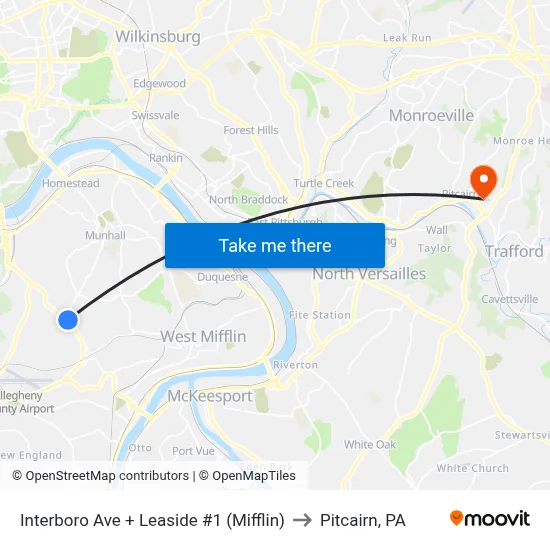 Interboro Ave + Leaside #1 (Mifflin) to Pitcairn, PA map