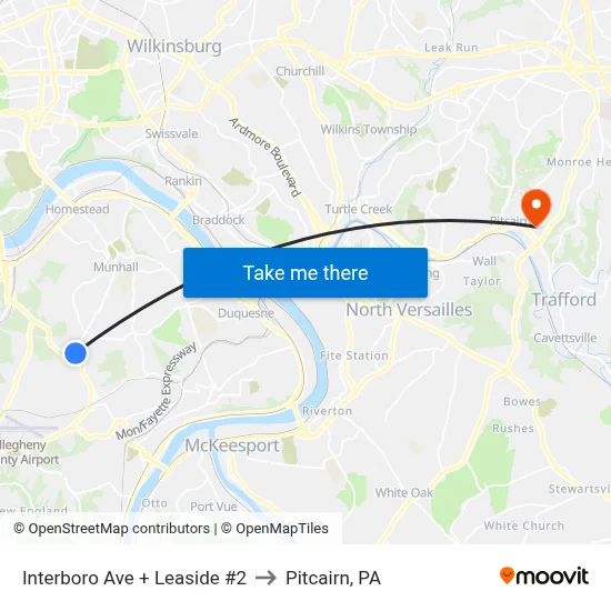 Interboro Ave + Leaside #2 to Pitcairn, PA map