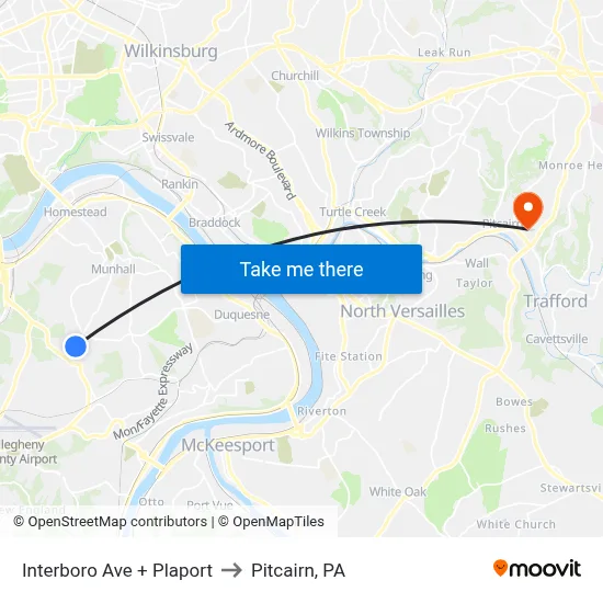 Interboro Ave + Plaport to Pitcairn, PA map