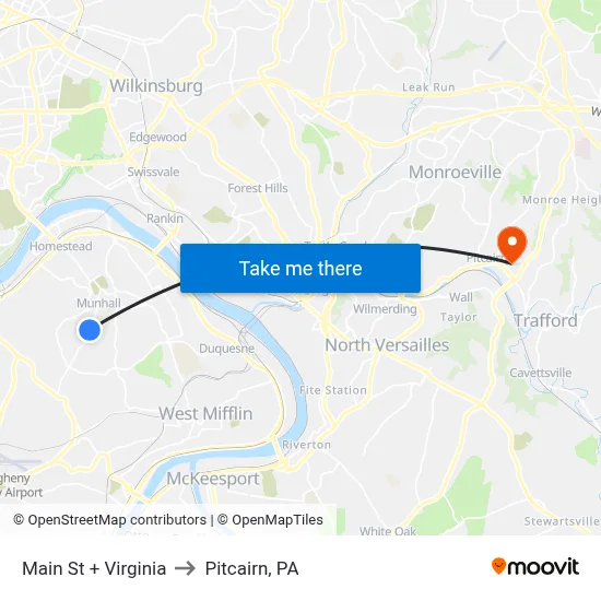 Main St + Virginia to Pitcairn, PA map