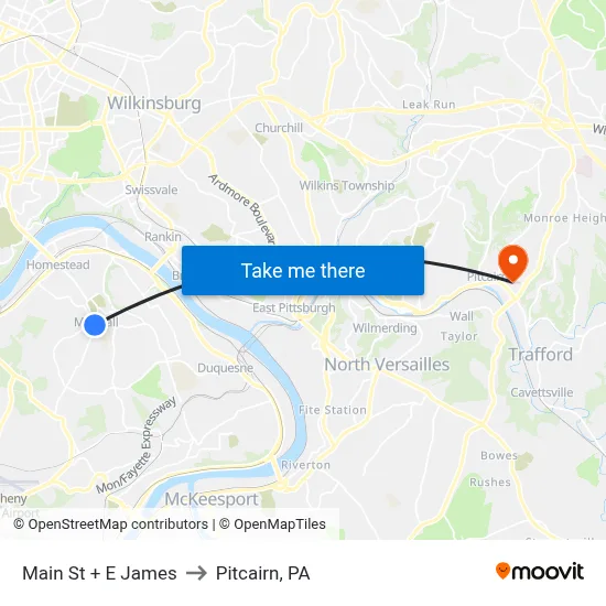 Main St + E James to Pitcairn, PA map