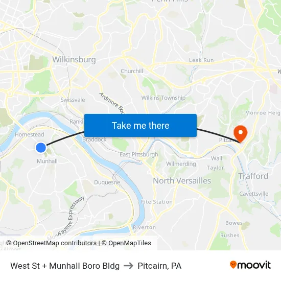 West St + Munhall Boro Bldg to Pitcairn, PA map
