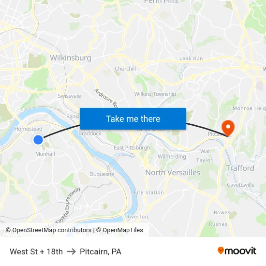 West St + 18th to Pitcairn, PA map