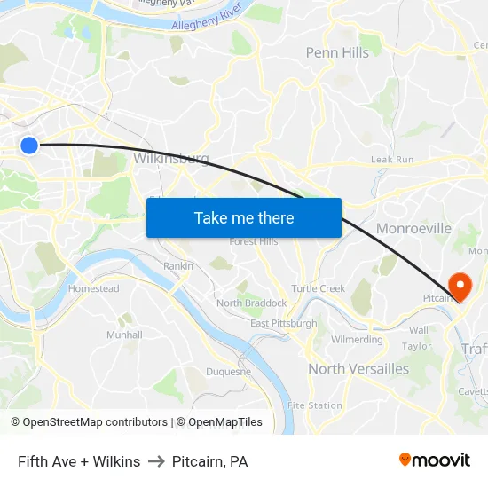 Fifth Ave + Wilkins to Pitcairn, PA map