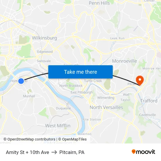 Amity St + 10th Ave to Pitcairn, PA map