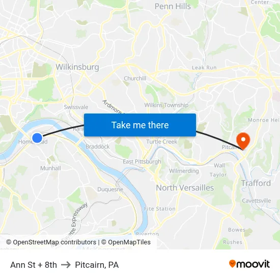 Ann St + 8th to Pitcairn, PA map