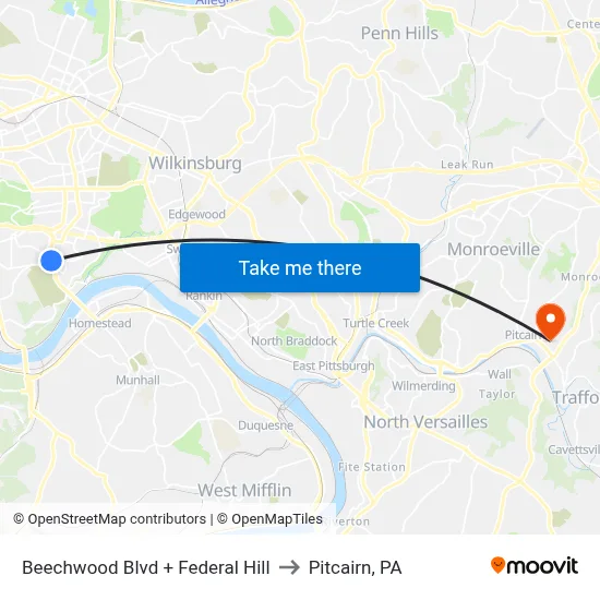 Beechwood Blvd + Federal Hill to Pitcairn, PA map