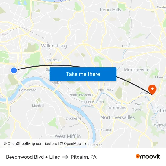Beechwood Blvd + Lilac to Pitcairn, PA map