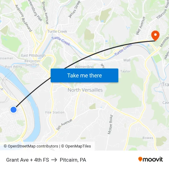 Grant Ave + 4th FS to Pitcairn, PA map