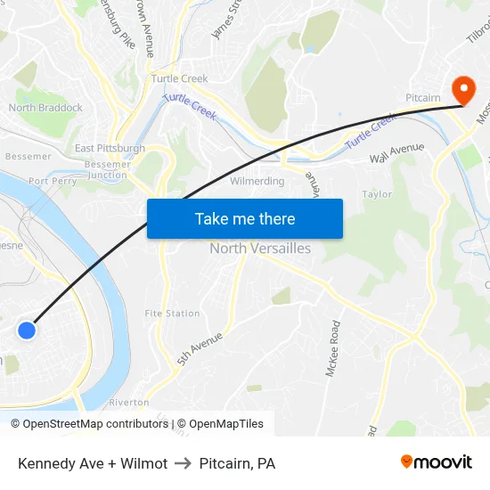 Kennedy Ave + Wilmot to Pitcairn, PA map