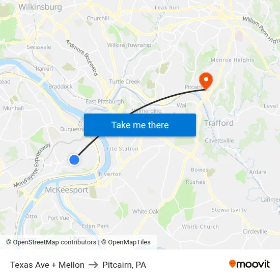 Texas Ave + Mellon to Pitcairn, PA map