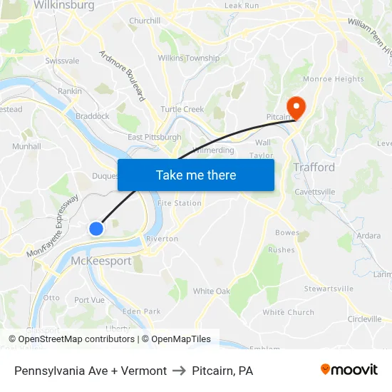 Pennsylvania Ave + Vermont to Pitcairn, PA map