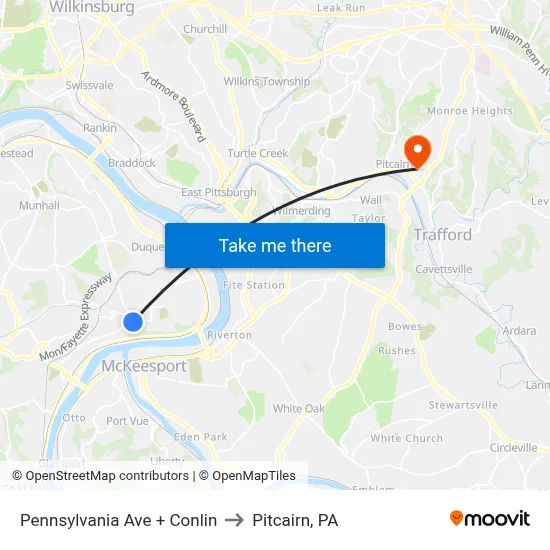 Pennsylvania Ave + Conlin to Pitcairn, PA map