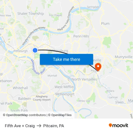Fifth Ave + Craig to Pitcairn, PA map