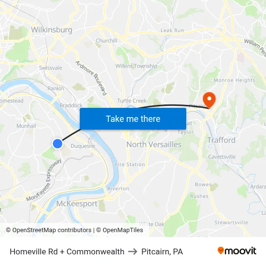 Homeville Rd + Commonwealth to Pitcairn, PA map