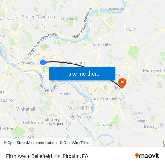Fifth Ave + Bellefield to Pitcairn, PA map