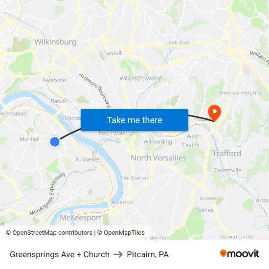 Greensprings Ave + Church to Pitcairn, PA map