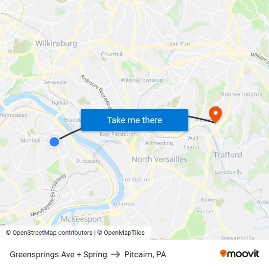 Greensprings Ave + Spring to Pitcairn, PA map