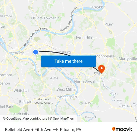Bellefield Ave + Fifth Ave to Pitcairn, PA map