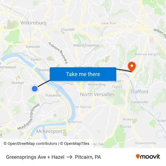 Greensprings Ave + Hazel to Pitcairn, PA map