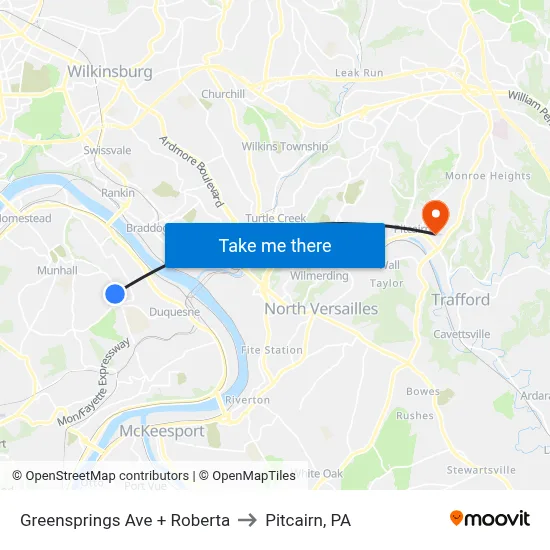 Greensprings Ave + Roberta to Pitcairn, PA map