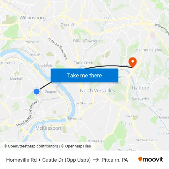 Homeville Rd + Castle Dr (Opp Usps) to Pitcairn, PA map