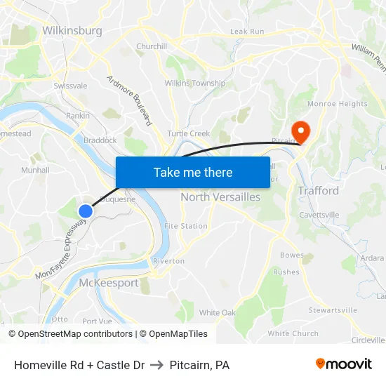 Homeville Rd + Castle Dr to Pitcairn, PA map