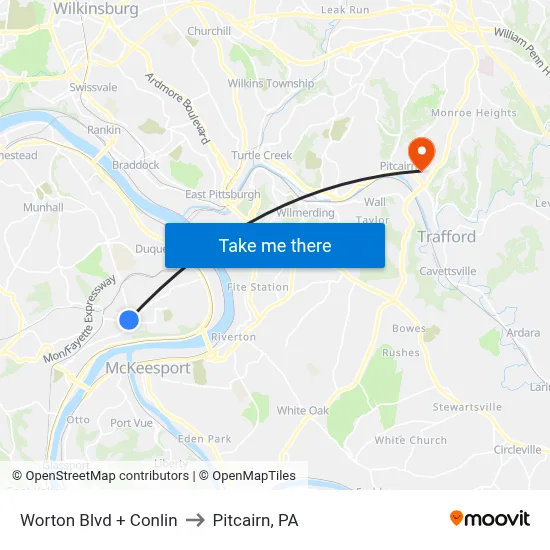 Worton Blvd + Conlin to Pitcairn, PA map