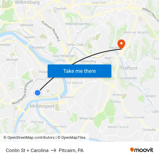 Conlin St + Carolina to Pitcairn, PA map