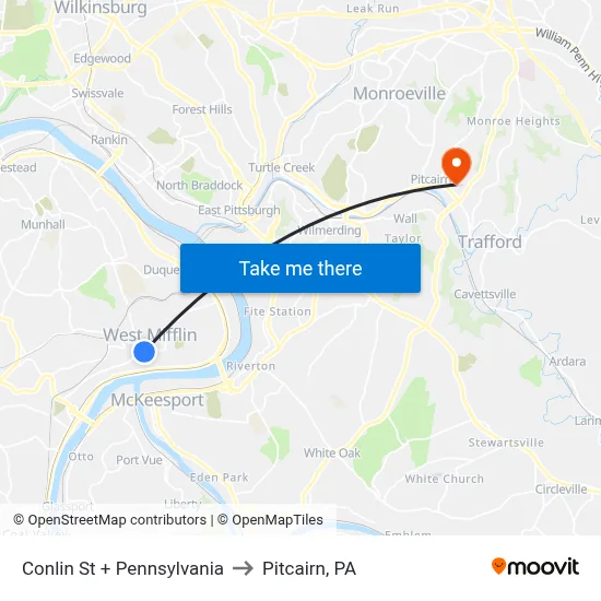 Conlin St + Pennsylvania to Pitcairn, PA map