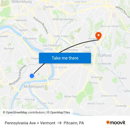Pennsylvania Ave + Vermont to Pitcairn, PA map