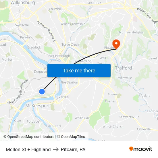 Mellon St + Highland to Pitcairn, PA map